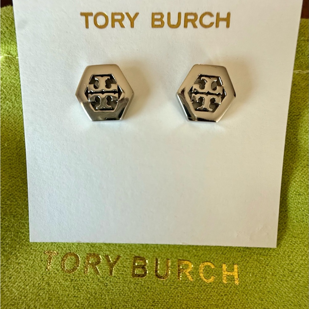 New Tory Burch logo Silver Hexagon Stud Earrings